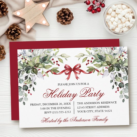 Invitation Watercolor Greenery Red Bow Holiday Party