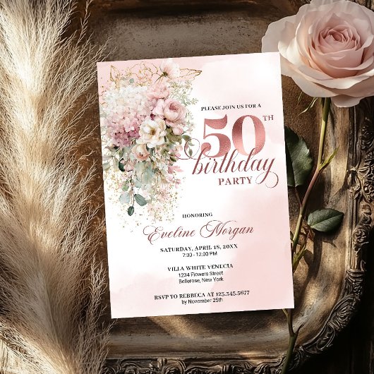 Invitation Watercolor Greenery Rose Gold 50th Birthday Invite