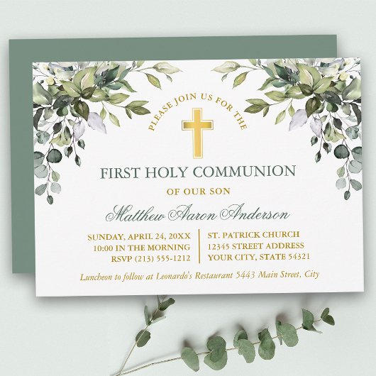 Invitation Watercolor Greenery Sage Green Gold Communion