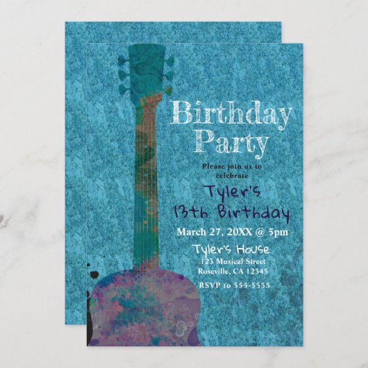 Invitation Watercolor Guitar Blue Musical Anniversaire (Devant / Derrière)
