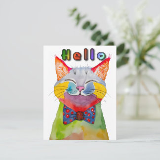 Invitation Watercolor Happy Cat Greeting Card