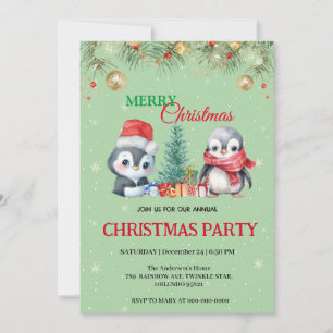 Invitation Watercolor Holiday Penguin Père Noël Christmas Par