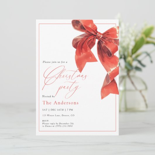 Invitation Watercolor Holiday Red Bow Christmas Party (Debout devant)