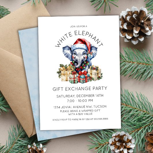 Invitation Watercolor Holiday White Elephant Gift Exchange