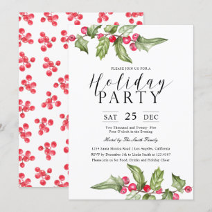 Invitation Watercolor Holly Berry Branches Fête