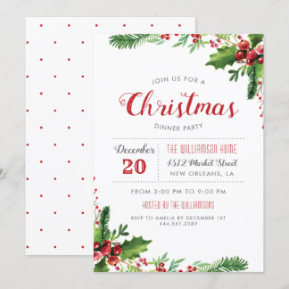 Invitation Watercolor Holly Branches Dîner de Noël
