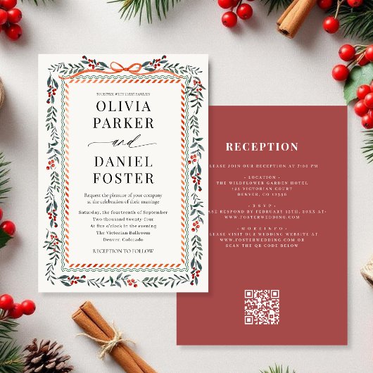 Invitation Watercolor Holly Red Bow QR Code Christmas Wedding