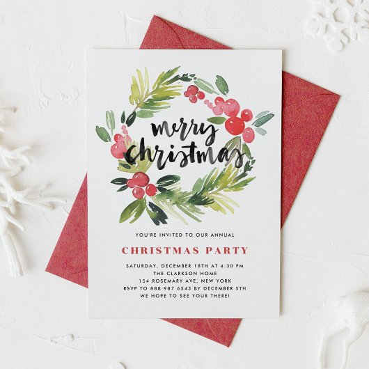 Invitation Watercolor Holly Wreath Joyeuse fête de vacances