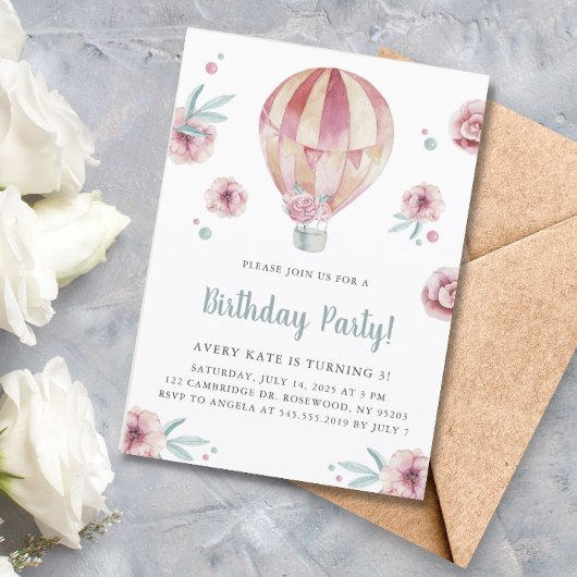 Invitation Watercolor Hot Air Balloy et Floral Anniversaire
