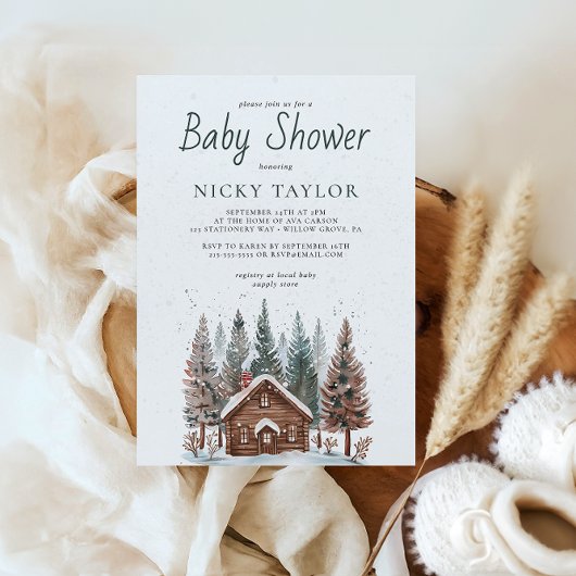 Invitation Watercolor House Pine Tree Neige Baby shower d'hiv