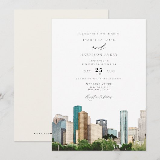 Invitation Watercolor Houston Texas City Skyline Mariage (Devant / Derrière)