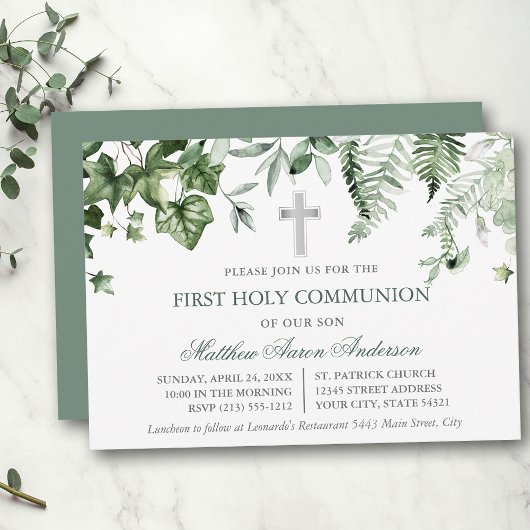 Invitation Watercolor Ivy Ferns Sage Green Communion