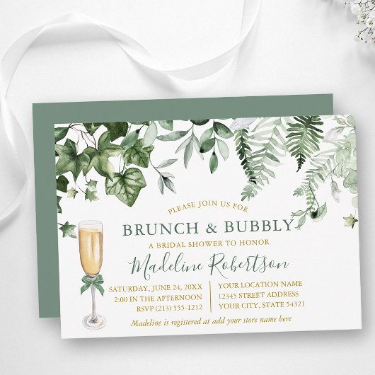 Invitation Watercolor Ivy Ferns Sage Green Gold Bridal Brunch