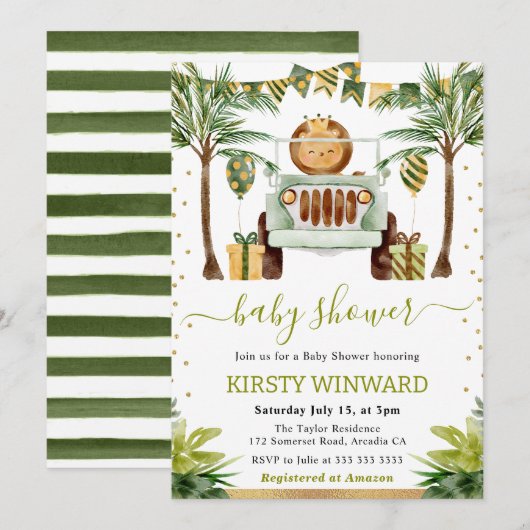 Invitation Watercolor Jungle Lion Baby shower (Devant / Derrière)