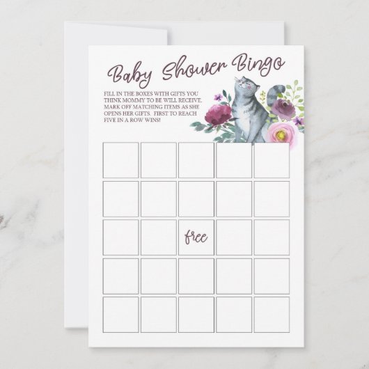 Invitation Watercolor Kitty Cat Baby shower Bingo (Devant)