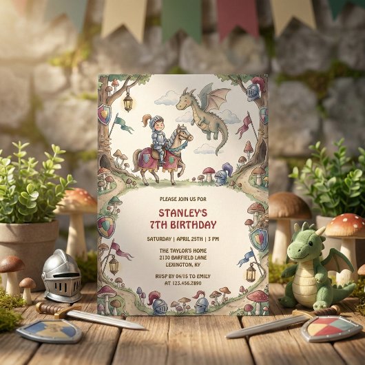 Invitation Watercolor Knight Dragon Fairytale Boy Birthday