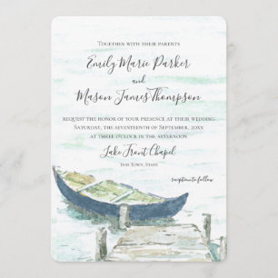 Invitation Watercolor Lake Blue Canoe Mariage