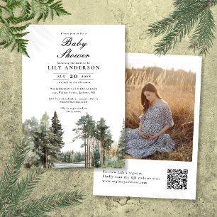 Invitation Watercolor Lake Forest Photo QR Code Baby shower