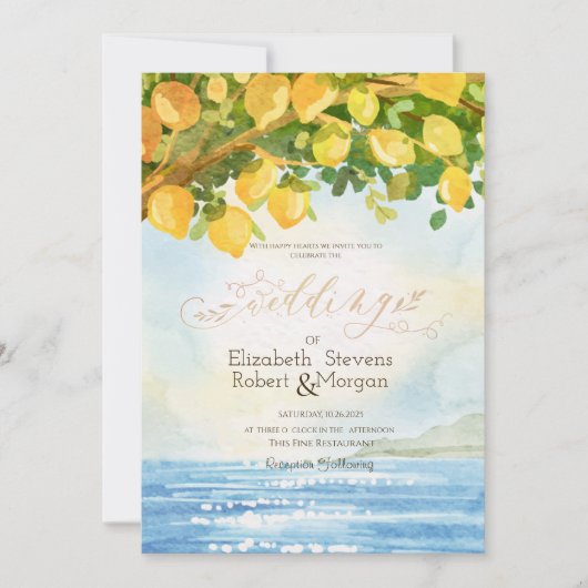 Invitation Watercolor Lemons Ocean Mariage (Devant)