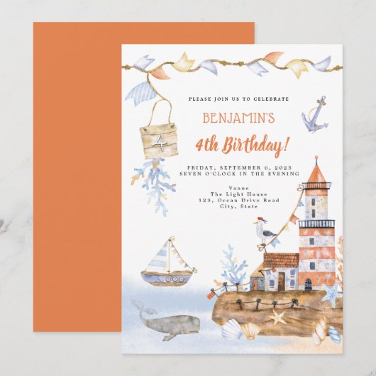 Invitation Watercolor Light House Nautique 4e anniversaire (Devant / Derrière)