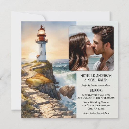 Invitation Watercolor Lighthouse Beach Wedding (Devant)