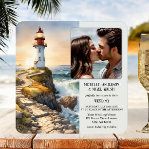 Invitation Watercolor Lighthouse Beach Wedding