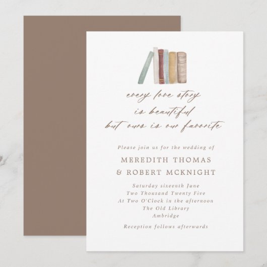 Invitation Watercolor Livres Chaque histoire d'amour Mariage  (Devant / Derrière)