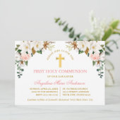 Invitation Watercolor Magnolias Roses Gold Communion (Debout devant)