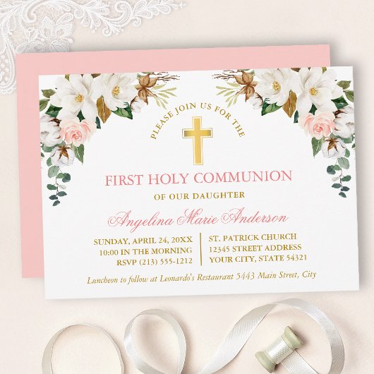 Invitation Watercolor Magnolias Roses Gold Communion