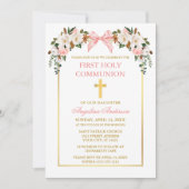 Invitation Watercolor Magnolias Roses Pink Bow Gold Communion (Devant)