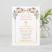 Invitation Watercolor Magnolias Roses Pink Bow Gold Communion (Debout devant)