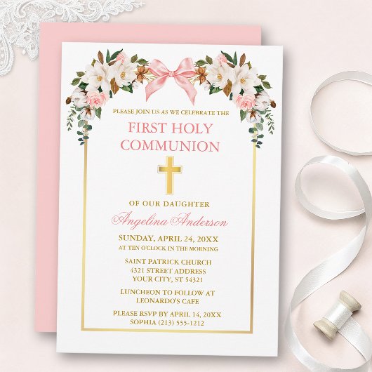 Invitation Watercolor Magnolias Roses Pink Bow Gold Communion