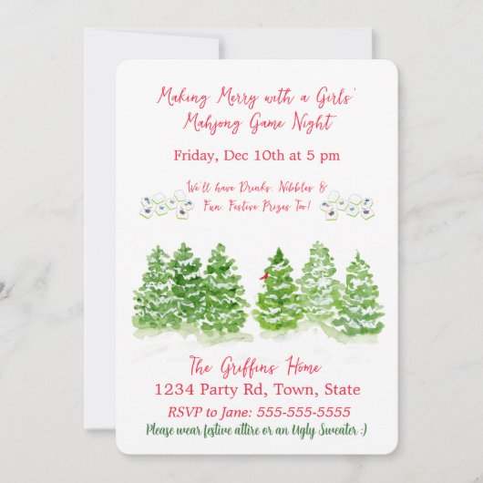 Invitation Watercolor MAHJONG Holiday Winter Trees (Devant)
