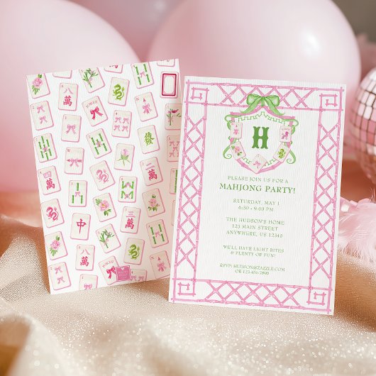 Invitation Watercolor Mahjong Monogram Crest Bamboo Party