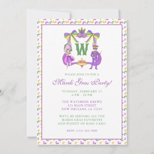 Invitation Watercolor Mardi Gras Monogram Crest Party (Devant)