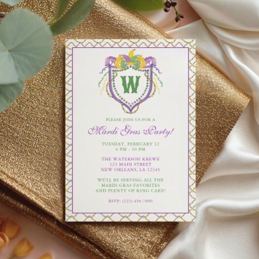 Invitation Watercolor Mardi Gras Monogram Crest Party