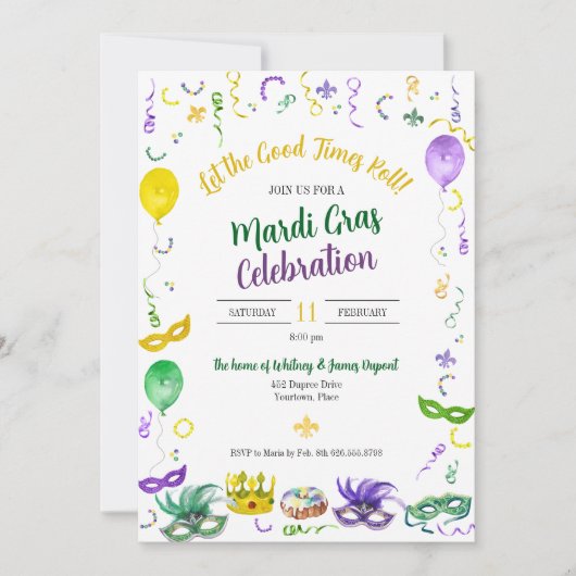 Invitation Watercolor Mardi Gras Objects Party (Devant)