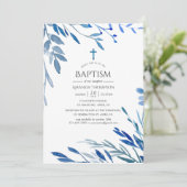 Invitation Watercolor Marine Indigo Feuilles Baptême (Debout devant)