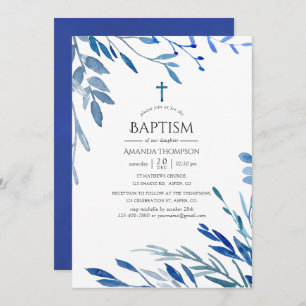 Invitation Watercolor Marine Indigo Feuilles Baptême