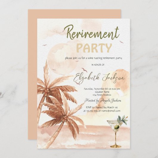 Invitation Watercolor Martini Glass Rustic Palms Retirement (Devant / Derrière)