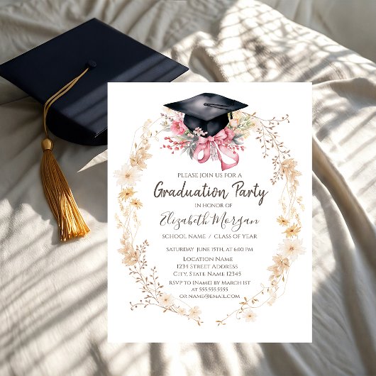 Invitation Watercolor Meadow Flowers Cap Bow Graduation