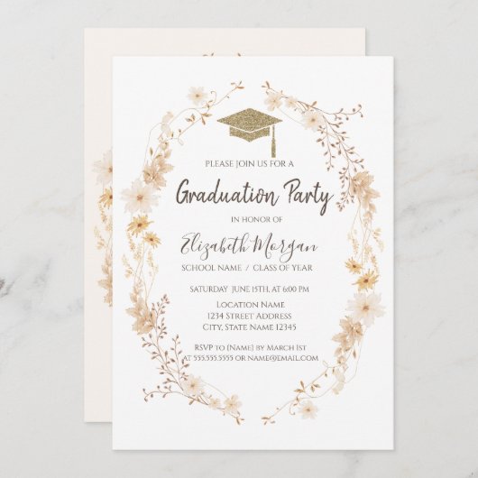 Invitation Watercolor Meadow Flowers Glitter Cap Graduation  (Devant / Derrière)