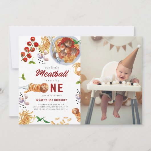 Invitation Watercolor Meatball Italien 1er anniversaire (Devant)