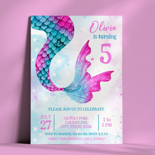 Invitation Watercolor Mermaid Tail Fête d'anniversaire fille