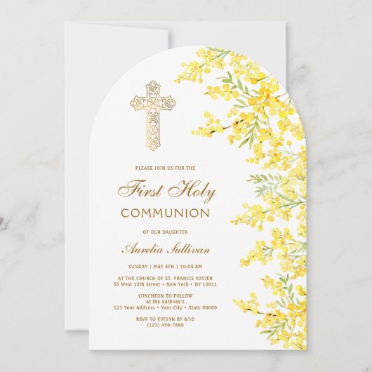 Invitation Watercolor Mimosa Arch First Communion (Devant)