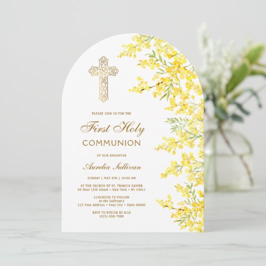 Invitation Watercolor Mimosa Arch First Communion (Debout devant)