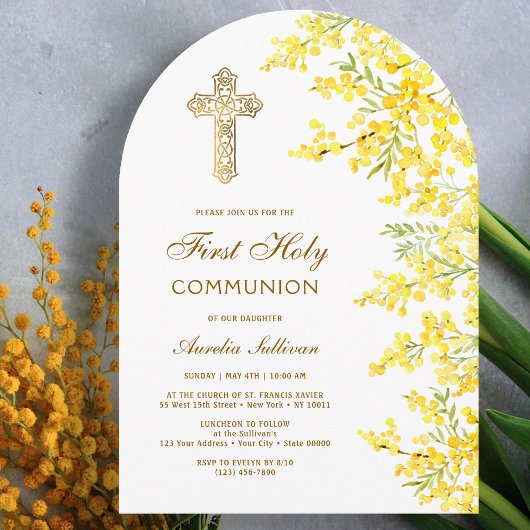Invitation Watercolor Mimosa Arch First Communion