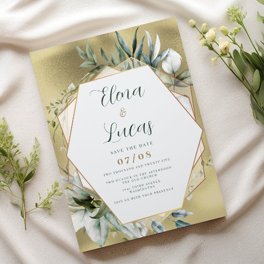 Invitation Watercolor mint gold foliage geometric wedding