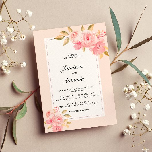 Invitation Watercolor mint pastel pink floral Wedding