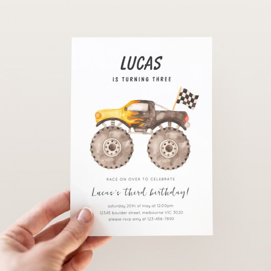 Invitation Watercolor Monster Truck Racing Anniversaire